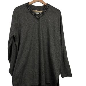 LL Bean Womens Sweater Gray Pullover V-Neck Snowflake Size Large Made In USA